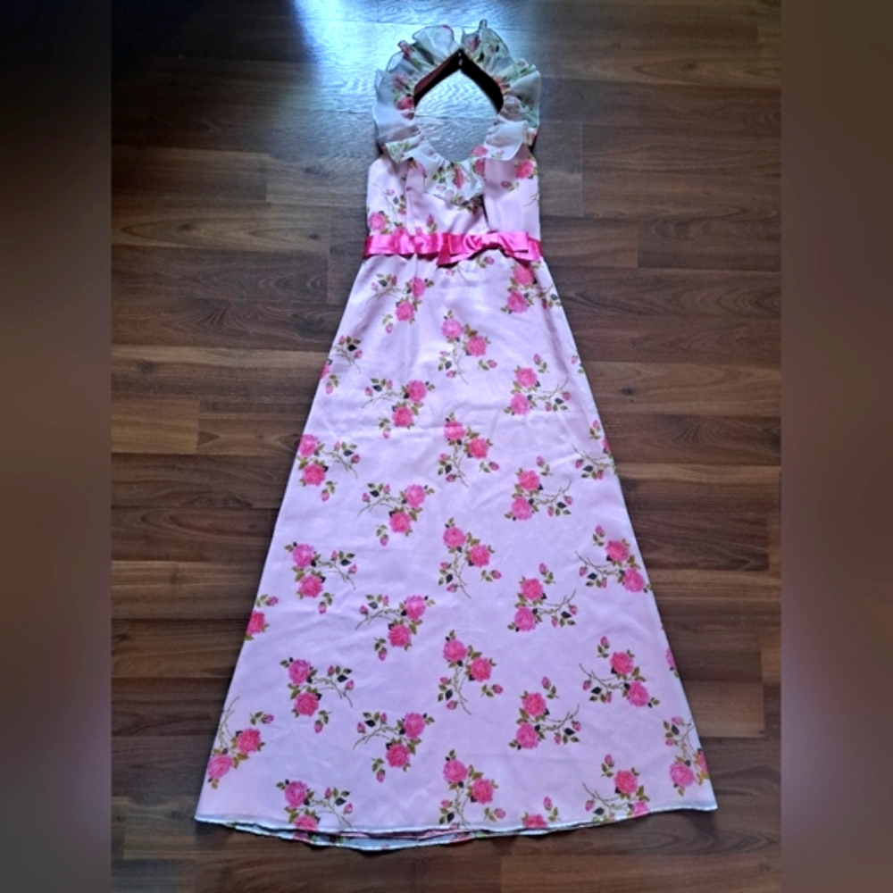 Funky Vintage Barbie Pink Floral Print Ruffle Collar Halter Prom Formal Dress